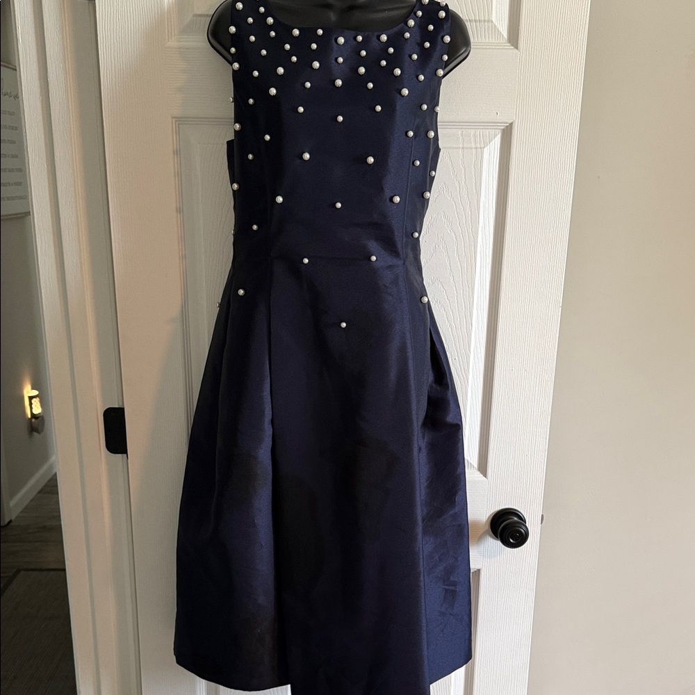 Tahari Navy Pearl-Accent Sleeveless Fit & Flare Dress